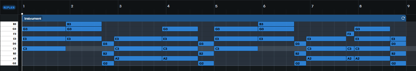 Chords variations, annotated with note names to help you. Notice that I doubled the loop length, duplicating the pattern to slightly change the second occurence.